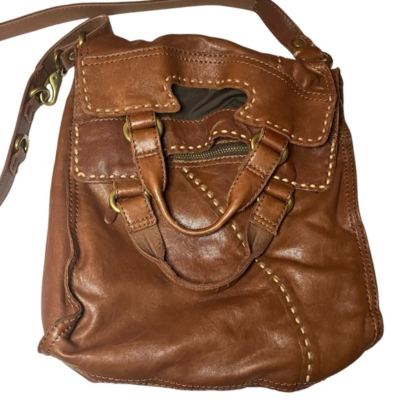 Lucky Brand Abbey Road Foldover Bag Brown Whiskey Leather Whipstitch - Picture 3 of 6